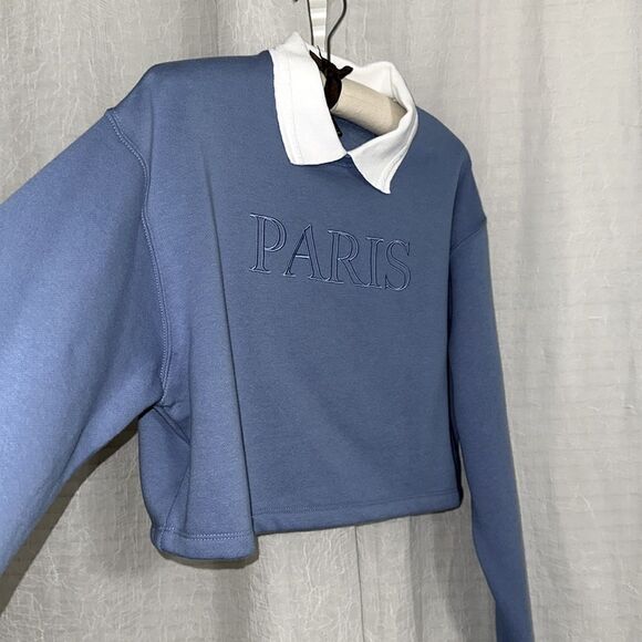 F21 S Light Blue White Collared PARIS Graphic Cropped Fleece Pullover - Picture 11 of 15
